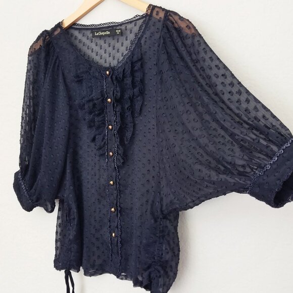 La Chapelle Navy Blue Sheer Chiffon Ruffle Batwing Blouse Top Romantic Coquette - Picture 3 of 15